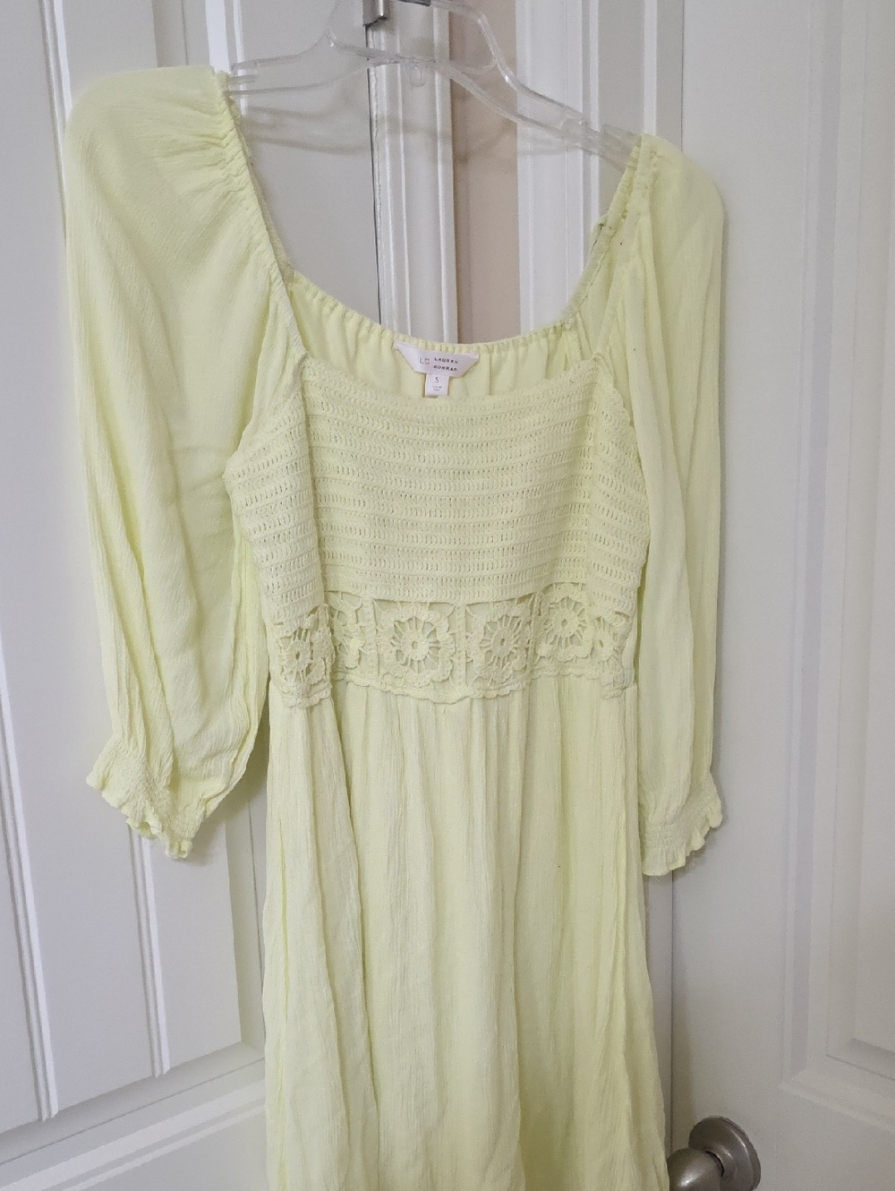 LC Lauren Conrad Pale Yellow Crochet-Panel Long Sleeve Dress